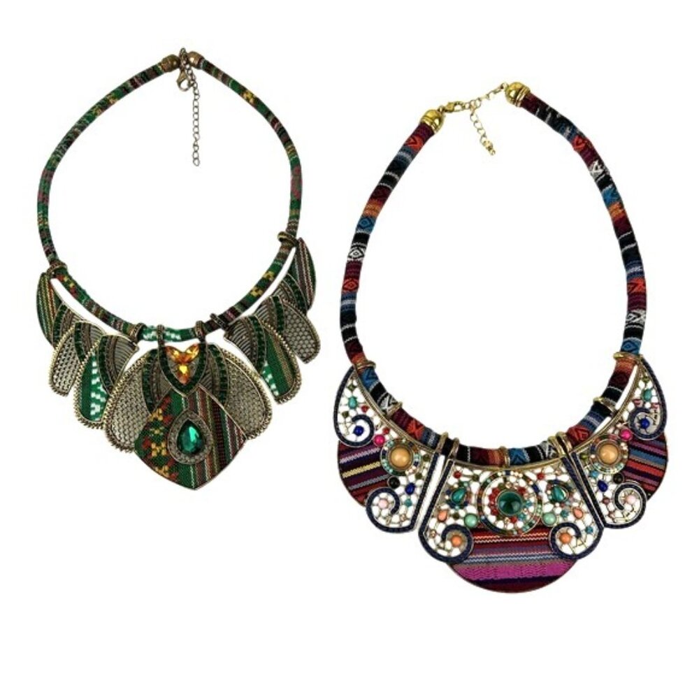 Tribal Beaded Threaded Rhinestone Necklaces Set of 2 Unique Eclectic Statement - Picture 2 of 16